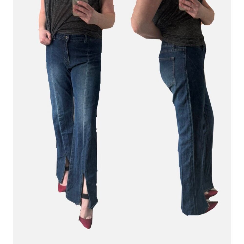 Umgee Dark Wash Front Slit Flare Jeans With Elastic Waist Size 9